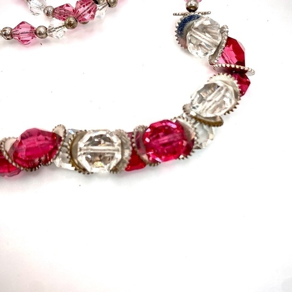 π
Ίantique Vintage pink and clear Czech faceted Glass Crystal Necklace silver tone - Picture 3 of 6